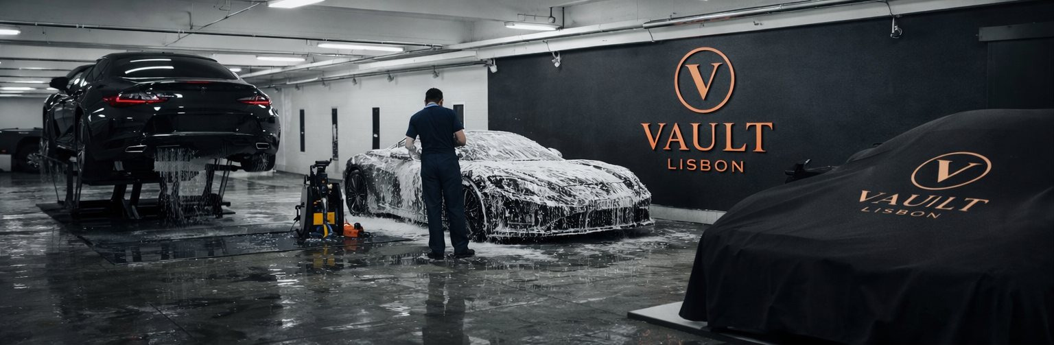 Wash bay at Vault Lisbon, one car on a lift and another being foamed